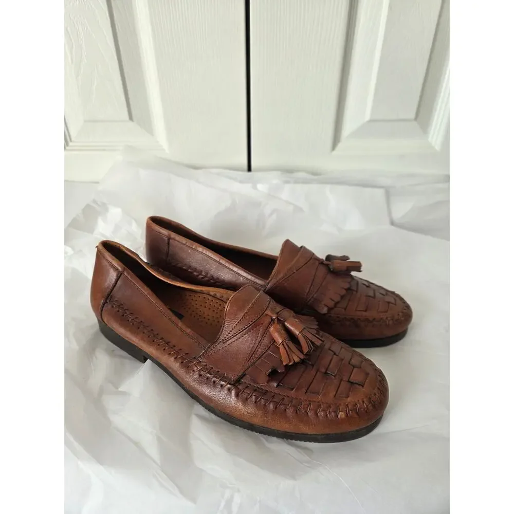 Vintage 90s Giorgio Brutini Brown Braided Woven Leather Tassel Loafers Mens 9.5